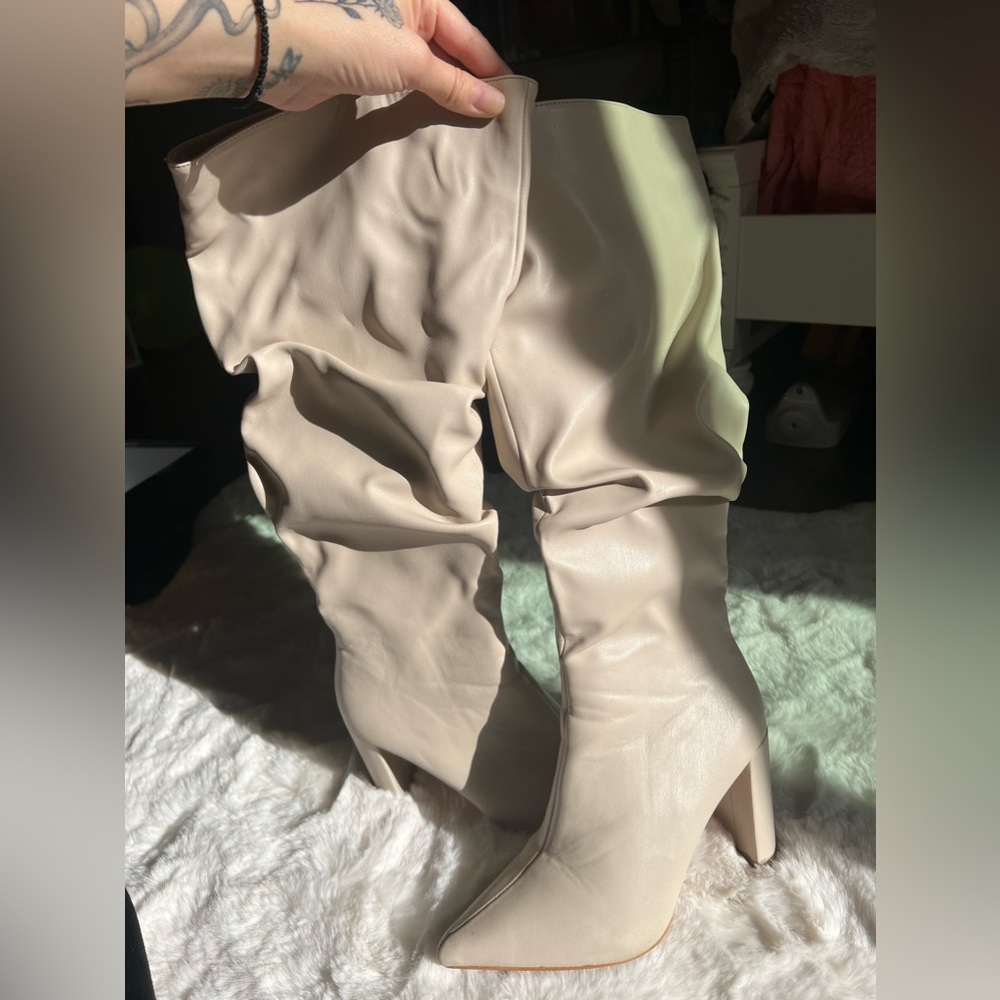 Public Desire wide fit slouch heeled boots in bone color.